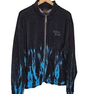 Teddy Fresh blue tie dye flame‎ velour zip up hoodie jacket, size L